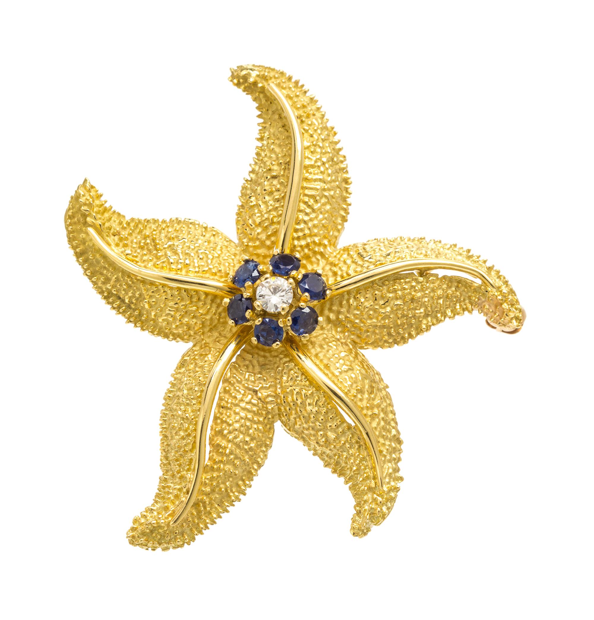 An 18 Karat Yellow Gold, Diamond, and Sapphire Starfish Brooch, Hammerman Brothers, 7.20 dwts.