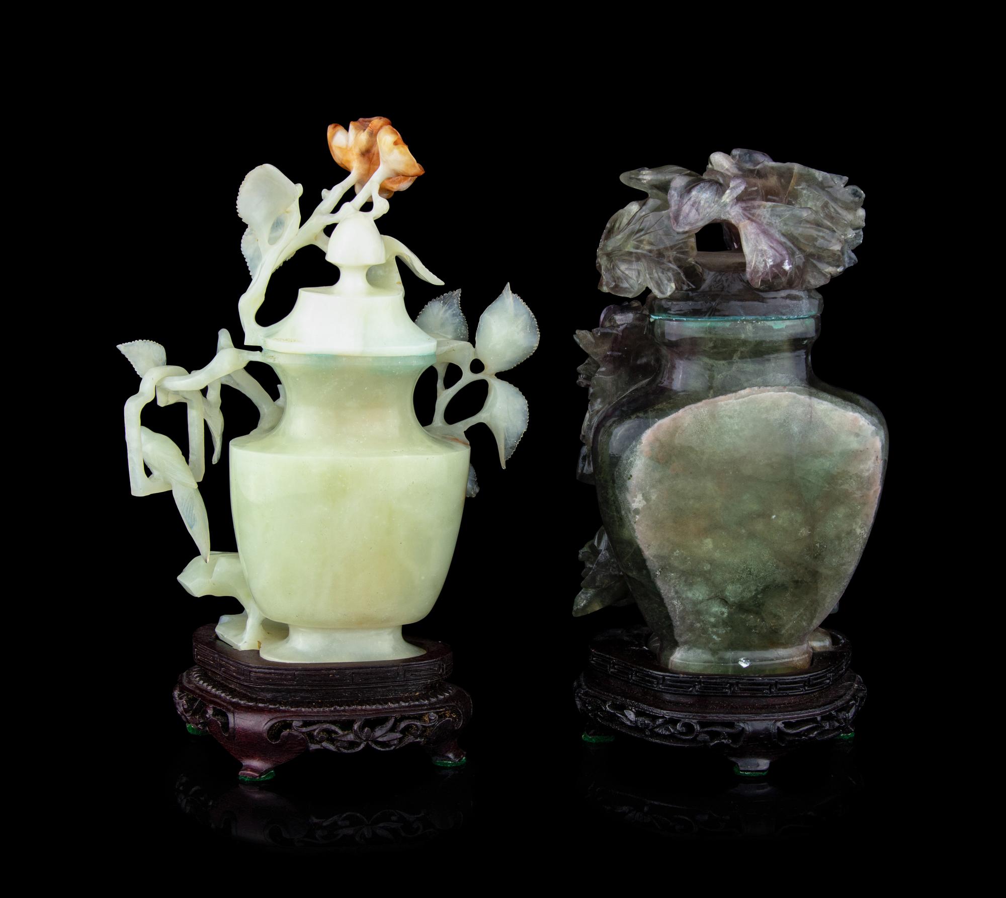 Two Chinese Jade and Hardstone Flower Vases and Covers
