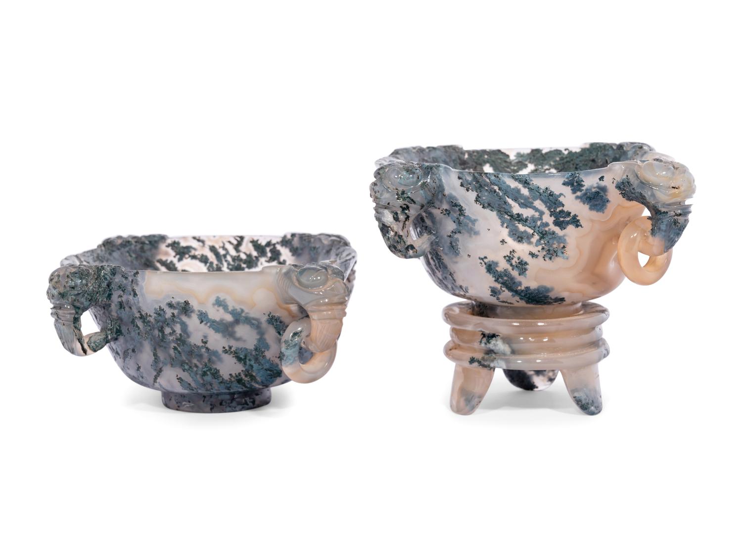 A Pair of Chinese Carved Black and Banded Agate Libation Cups and Stands