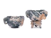A Pair of Chinese Carved Black and Banded Agate Libation Cups and Stands