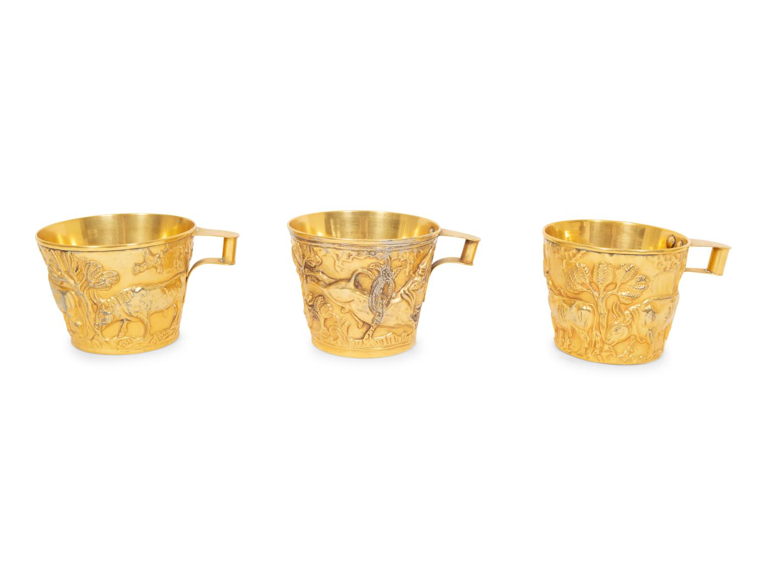 Three Greek Brass and Silver Vapheio Style Cups