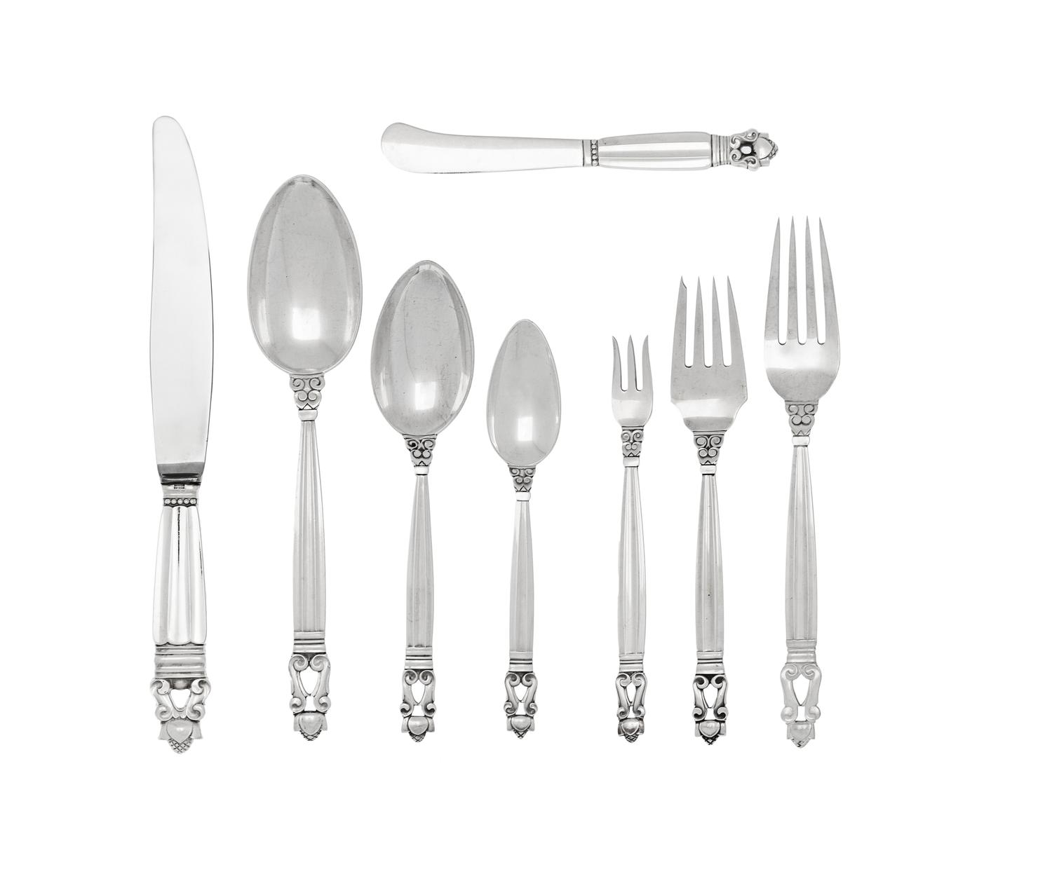 A Georg Jensen Acorn Silver Flatware Service