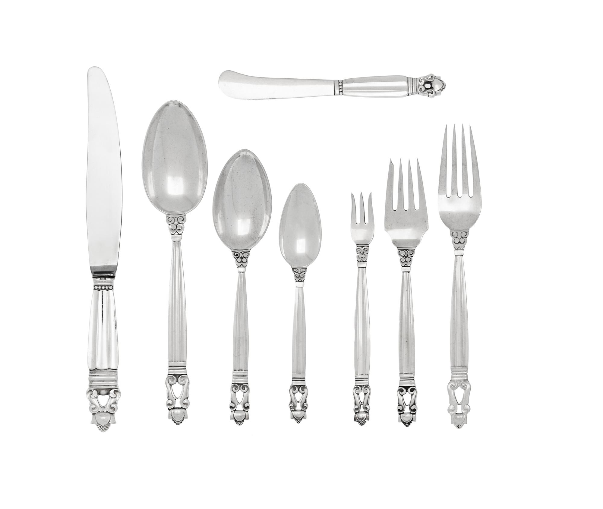 A Georg Jensen Acorn Silver Flatware Service