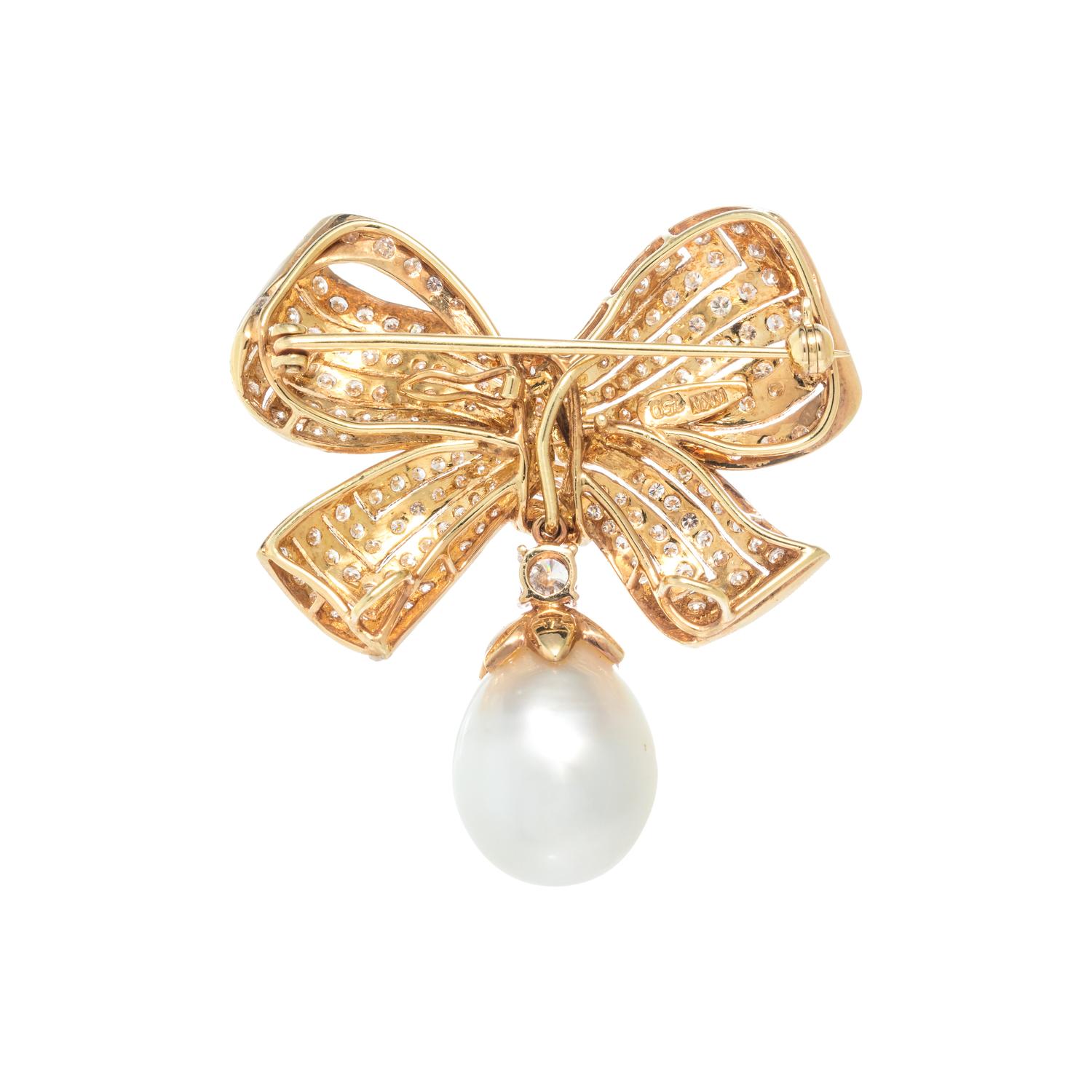 DIAMOND AND CULTURED PEARL BOW BROOCH