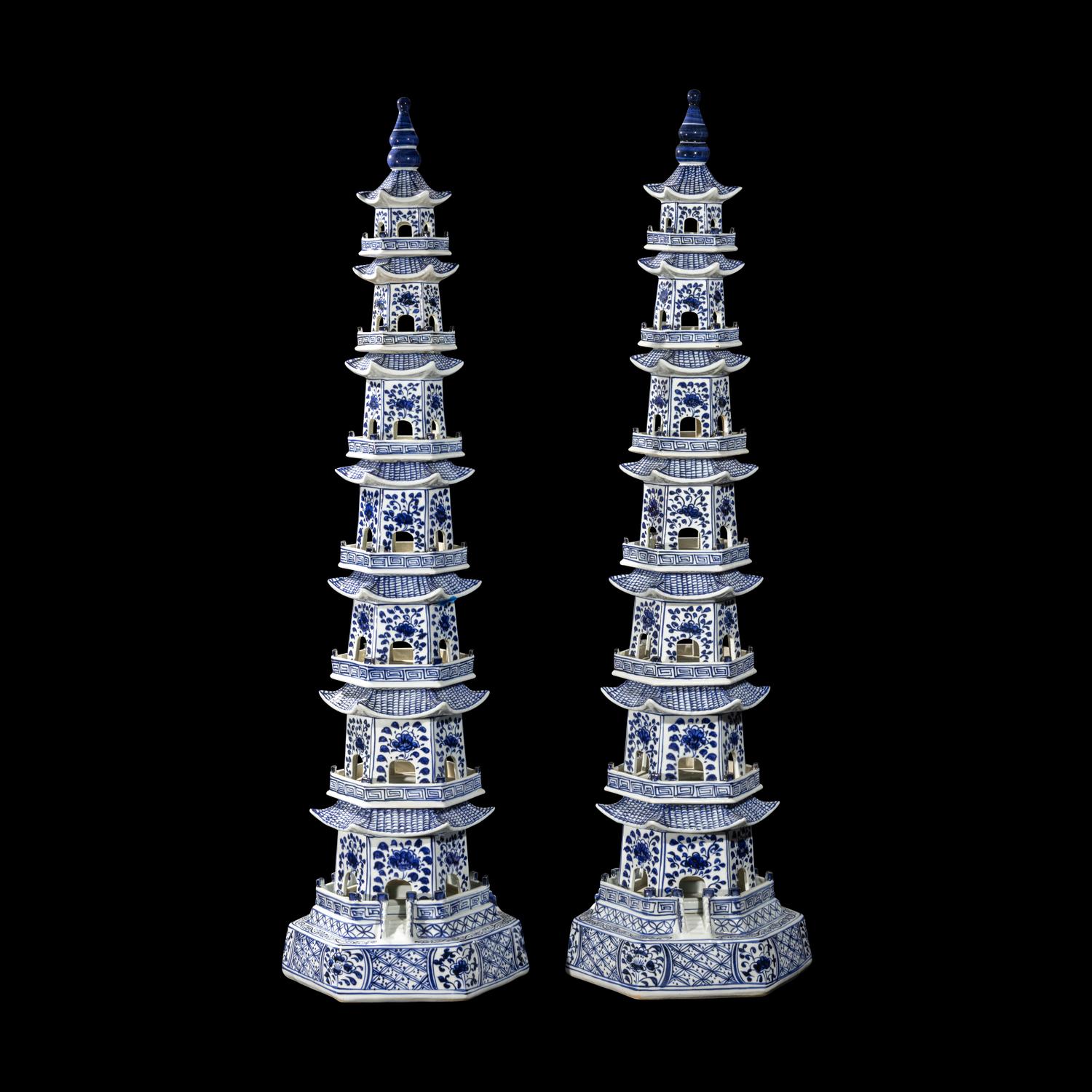 A Pair of Chinese Blue and White Porcelain Pagodas