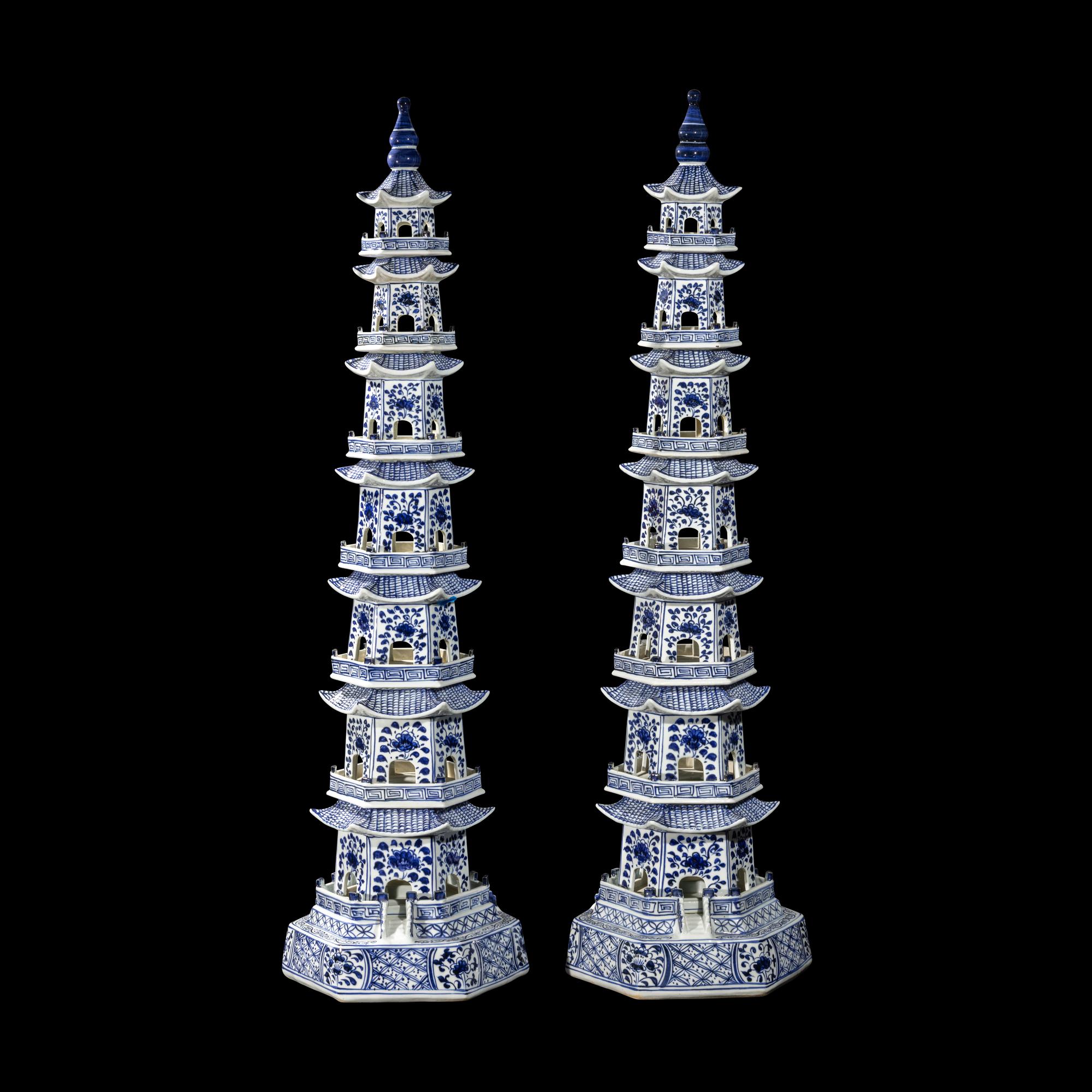 A Pair of Chinese Blue and White Porcelain Pagodas