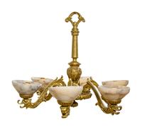 A Pair of Gilt Bronze and Alabaster Six-Light Chandeliers