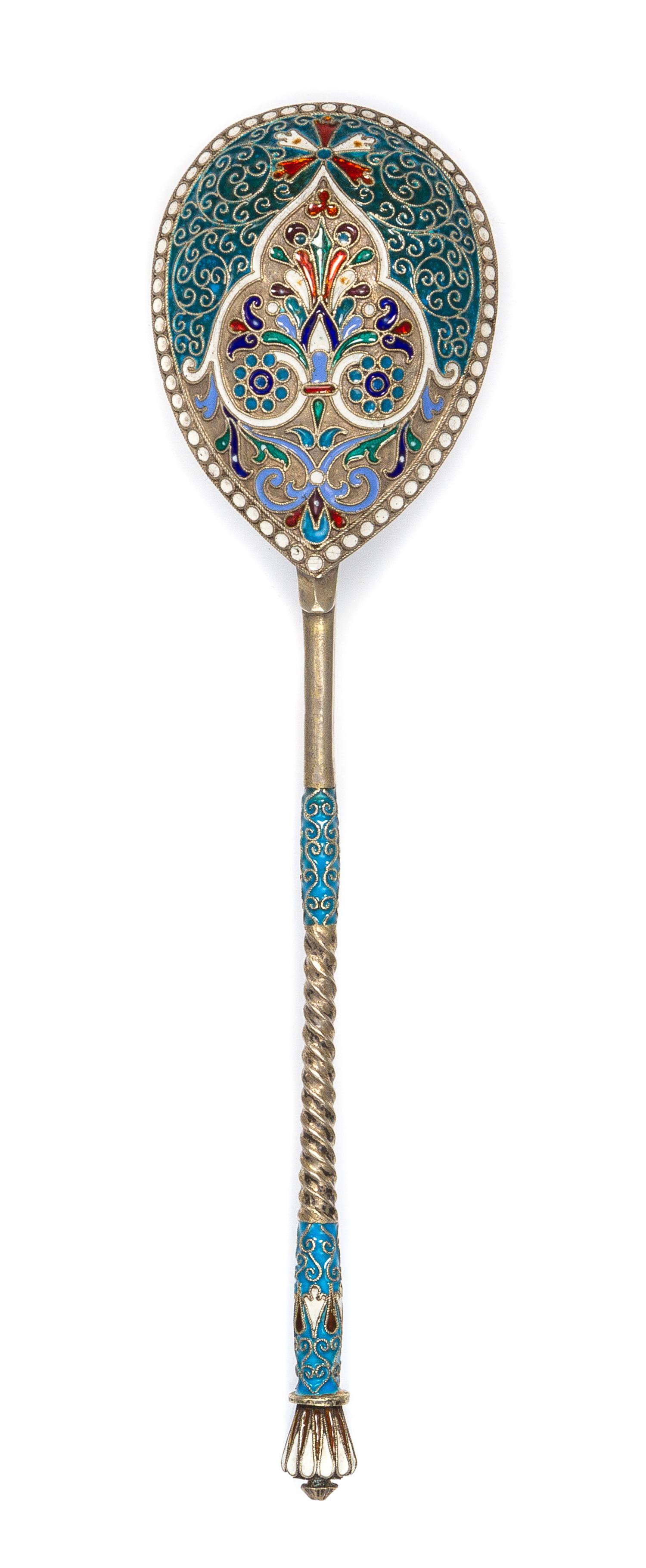 A Russian Enameled Silver Spoon, , the back of the bowl worked with polychrome rinceau scrolls against a matted silver ground surrounde