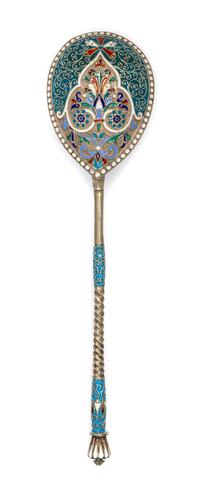 A Russian Enameled Silver Spoon, , the back of the bowl worked with polychrome rinceau scrolls against a matted silver ground surrounde
