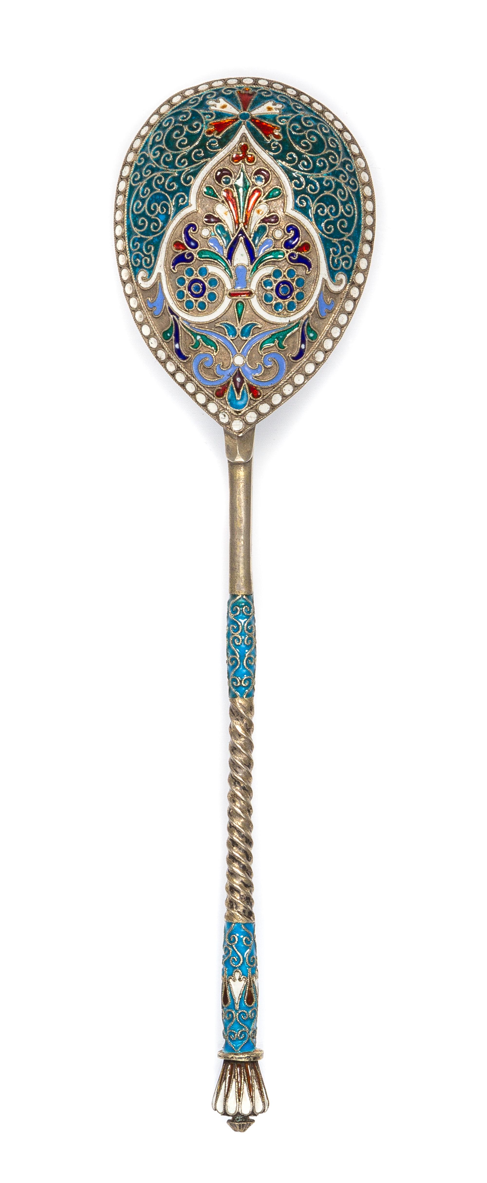 A Russian Enameled Silver Spoon, , the back of the bowl worked with polychrome rinceau scrolls against a matted silver ground surrounde
