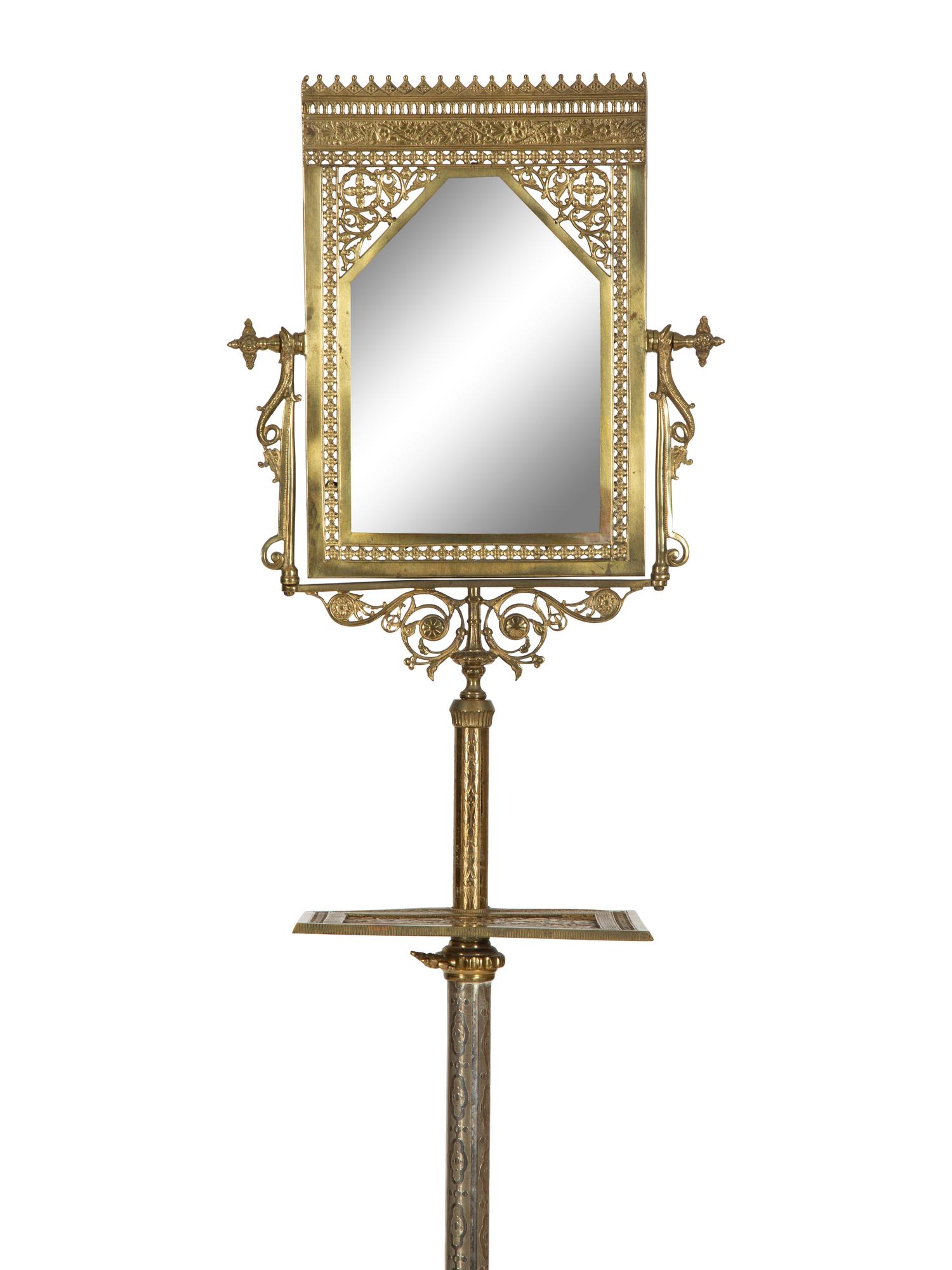 A Victorian Style Cast Brass Shaving Mirror on Adjustable Tripod Floor Stand with Shelf — 19th/20th Century