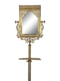 A Victorian Style Cast Brass Shaving Mirror on Adjustable Tripod Floor Stand with Shelf — 19th/20th Century