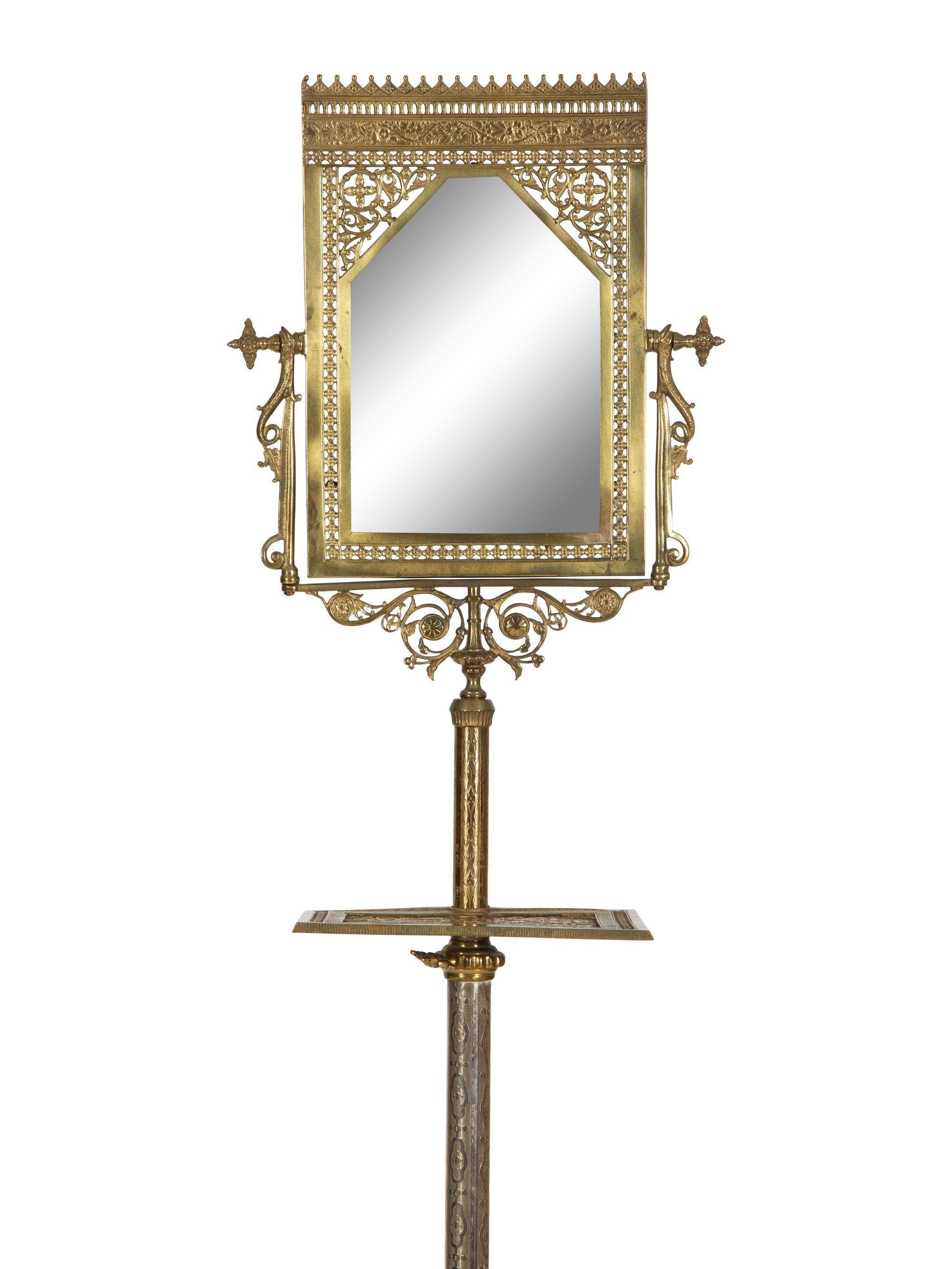 A Victorian Style Cast Brass Shaving Mirror on Adjustable Tripod Floor Stand with Shelf — 19th/20th Century