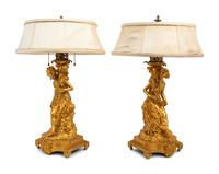 A Pair of French Gilt Bronze Figural Fluid Lamps Converted to Electricity