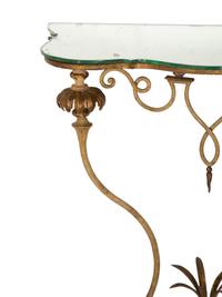 A Pair of Continental Painted and Parcel Gilt Metal, Mirrored Small Console Tables
