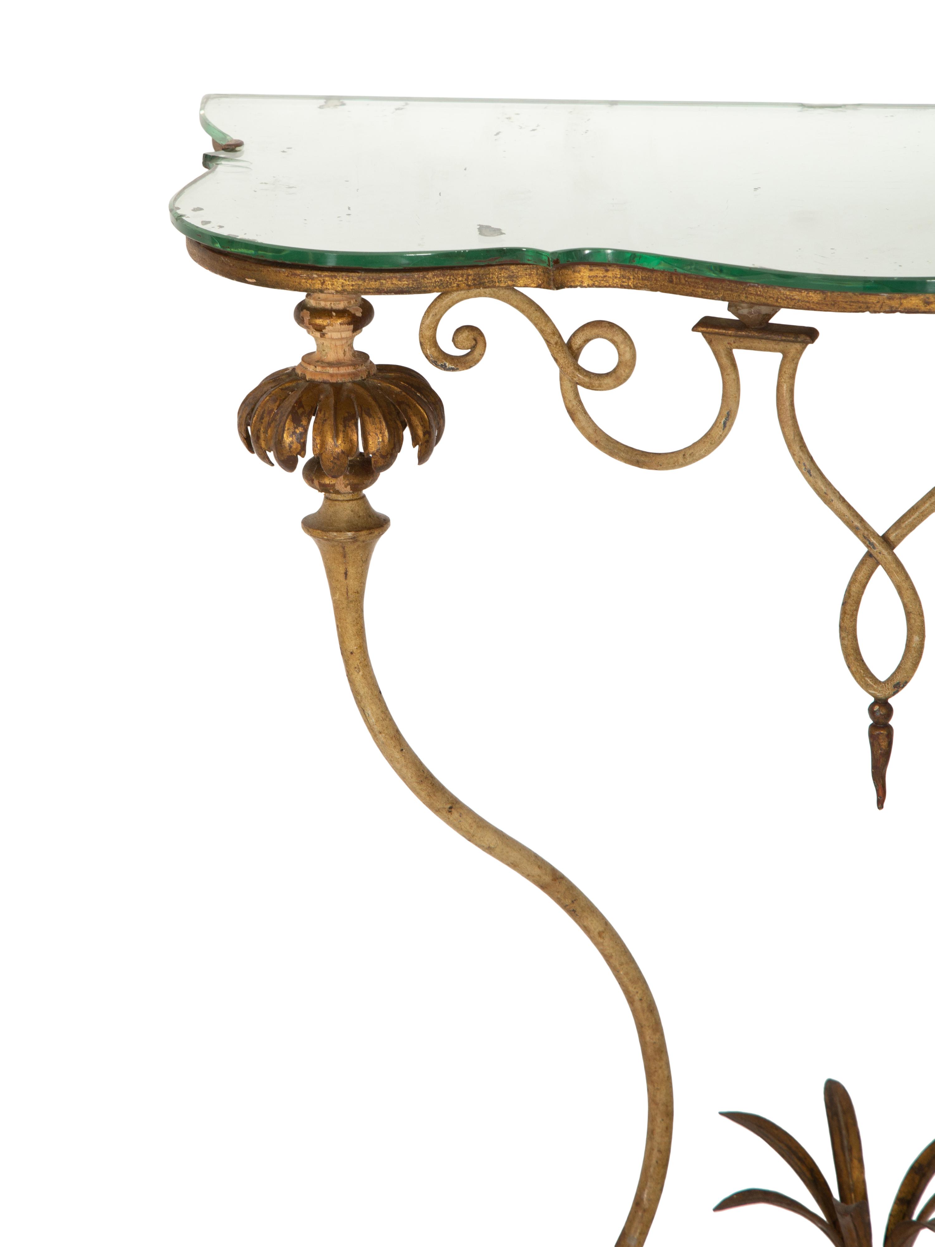 A Pair of Continental Painted and Parcel Gilt Metal, Mirrored Small Console Tables