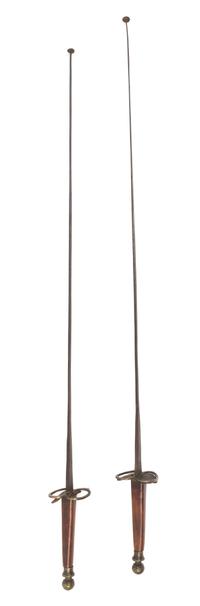 A Pair of Mahogany Handled Fencing Foils Length 39 1/2 inches.