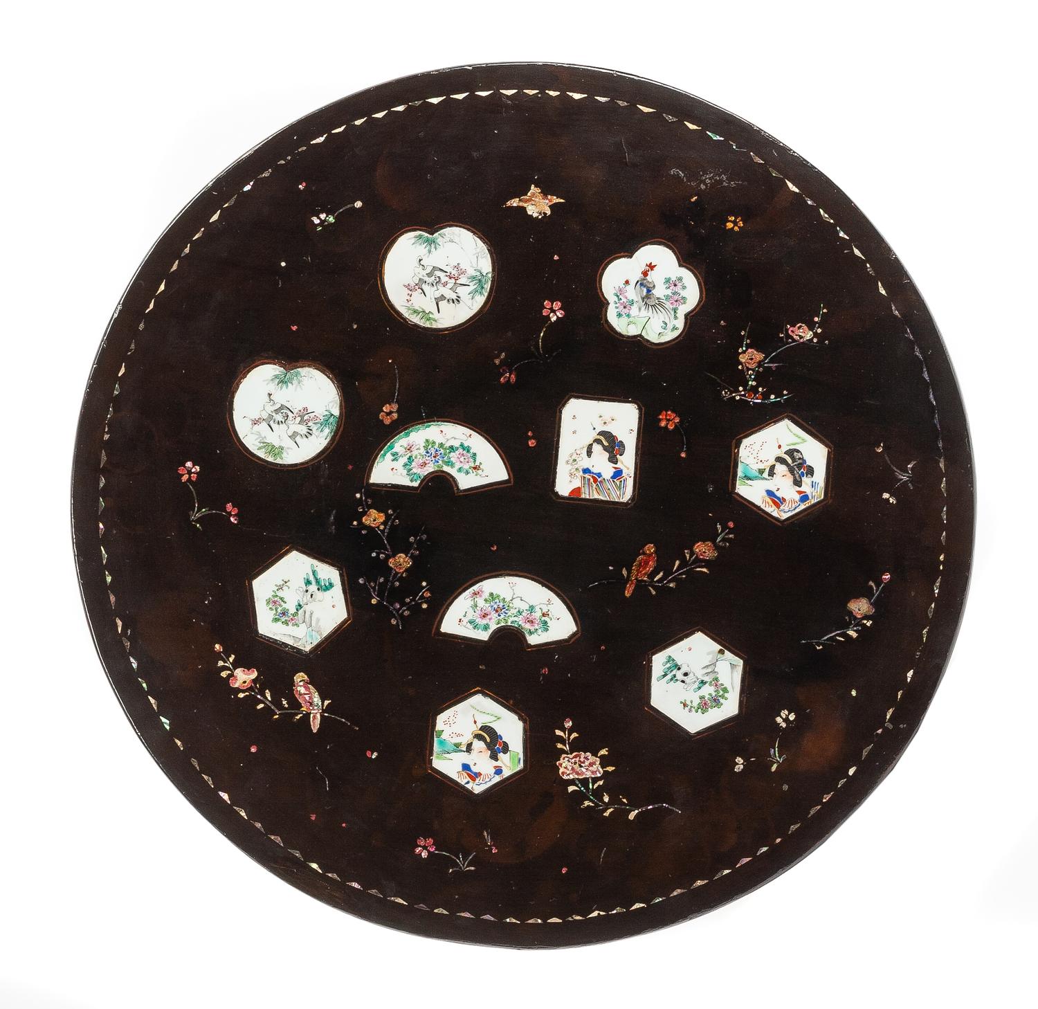A Continental Porcelain Mounted Painted Table Height 26 1/2 x diameter of top 28 inches.