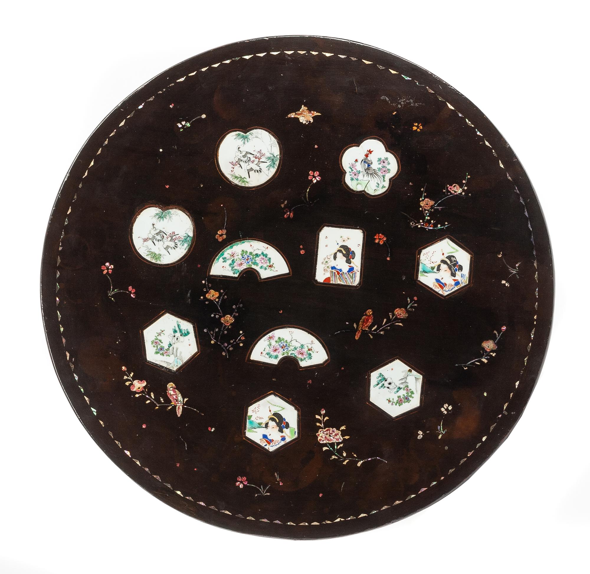 A Continental Porcelain Mounted Painted Table Height 26 1/2 x diameter of top 28 inches.