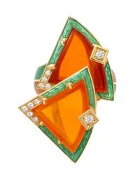 An 18 Karat Yellow Gold, Fire Opal, Diamond and Polychrome Enamel Ring, 13.50 dwts.