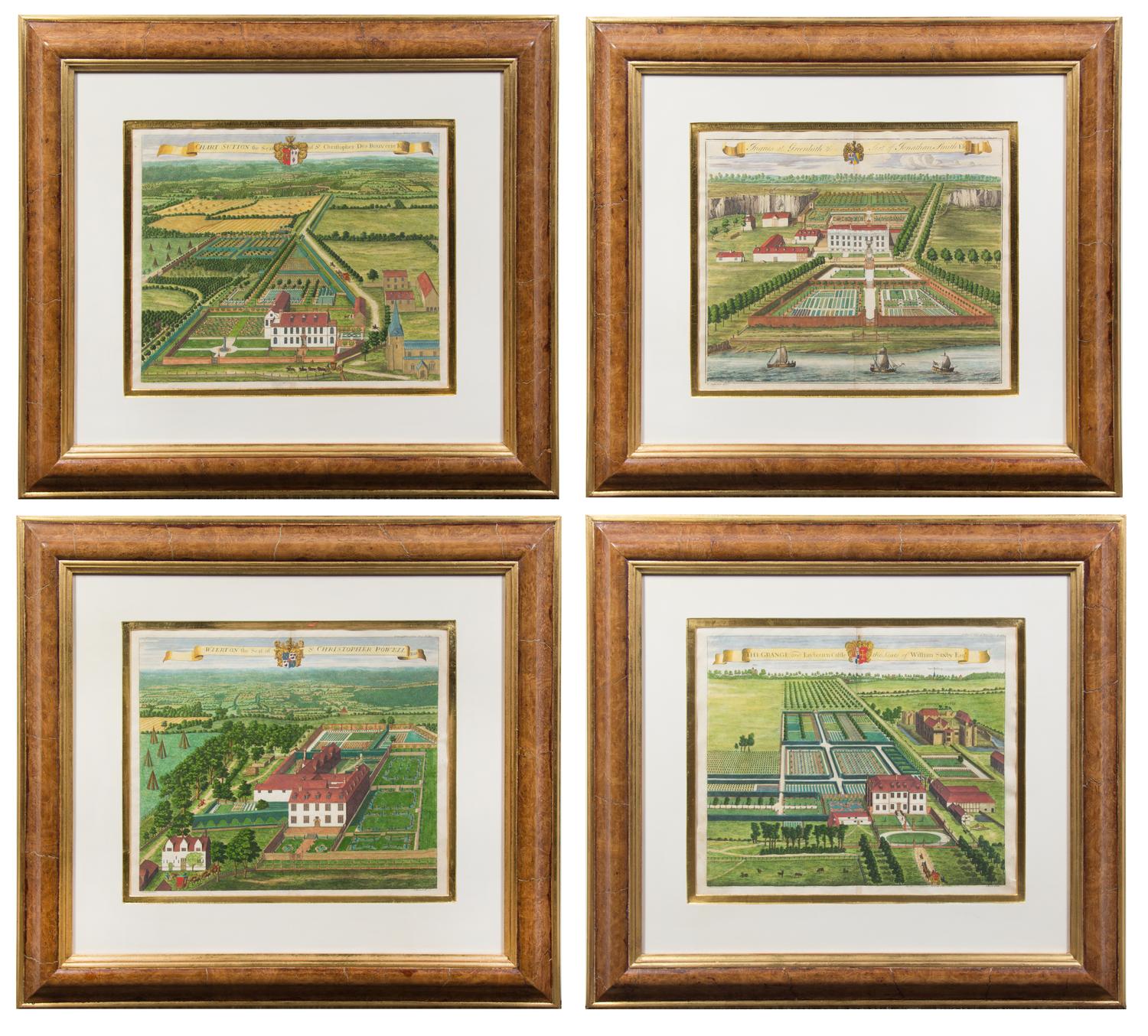 A Set of Four Hand-Colored Engravings Each: 27 1/2 x 29 3/4 inches overall.