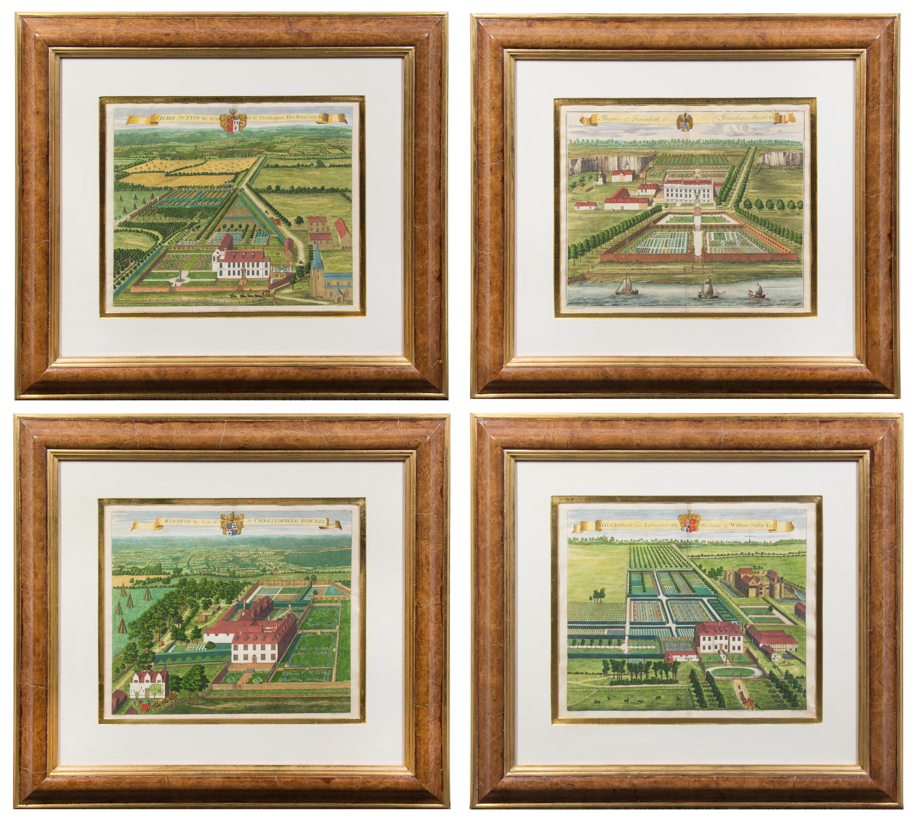 A Set of Four Hand-Colored Engravings Each: 27 1/2 x 29 3/4 inches overall.