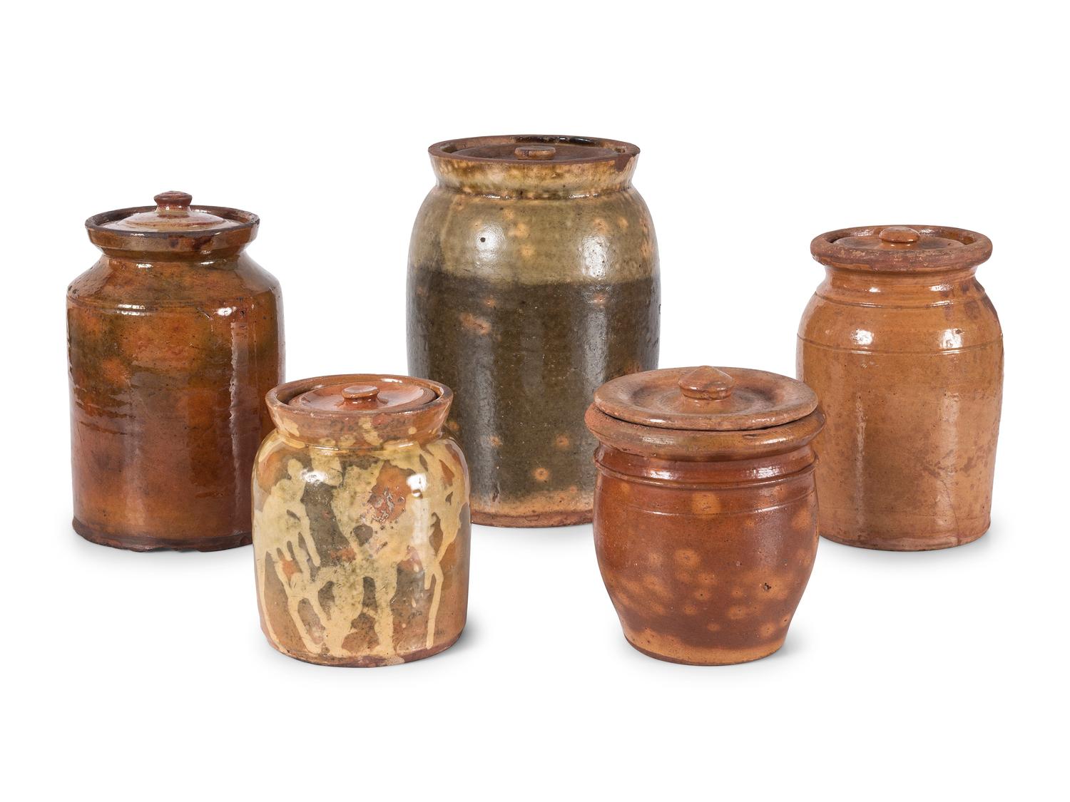 Five Galena Glaze Redware Lidded Crocks