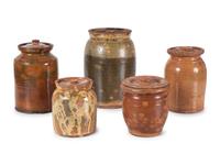 Five Galena Glaze Redware Lidded Crocks