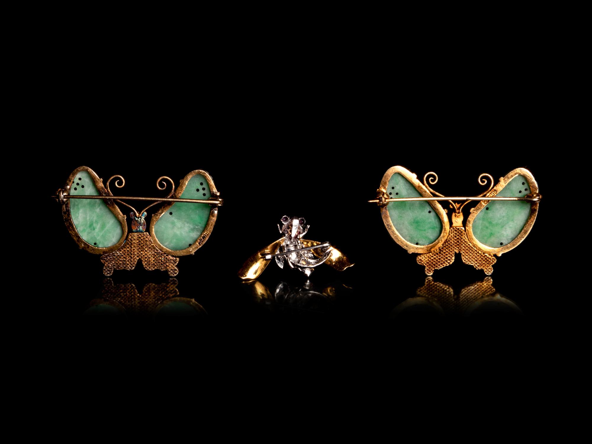 A Pair of Chinese Gilt Silver and Jadeite Butterfly-Form Brooches and a Chinese Gemstone Inset Gilt Metal Bee-Form Brooch
