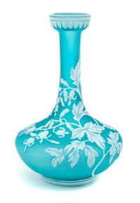 English, LATE 19TH CENTURY, a cameo glass vase, of bottle form with flared, decorated mouth, the body with bleeding heart floral decora