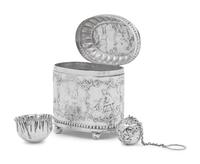 A Continental Silver Tea Caddy, Strainer and Tea Ball