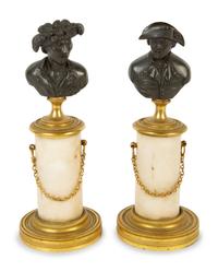 A Pair of French Bronze and Marble Small Busts