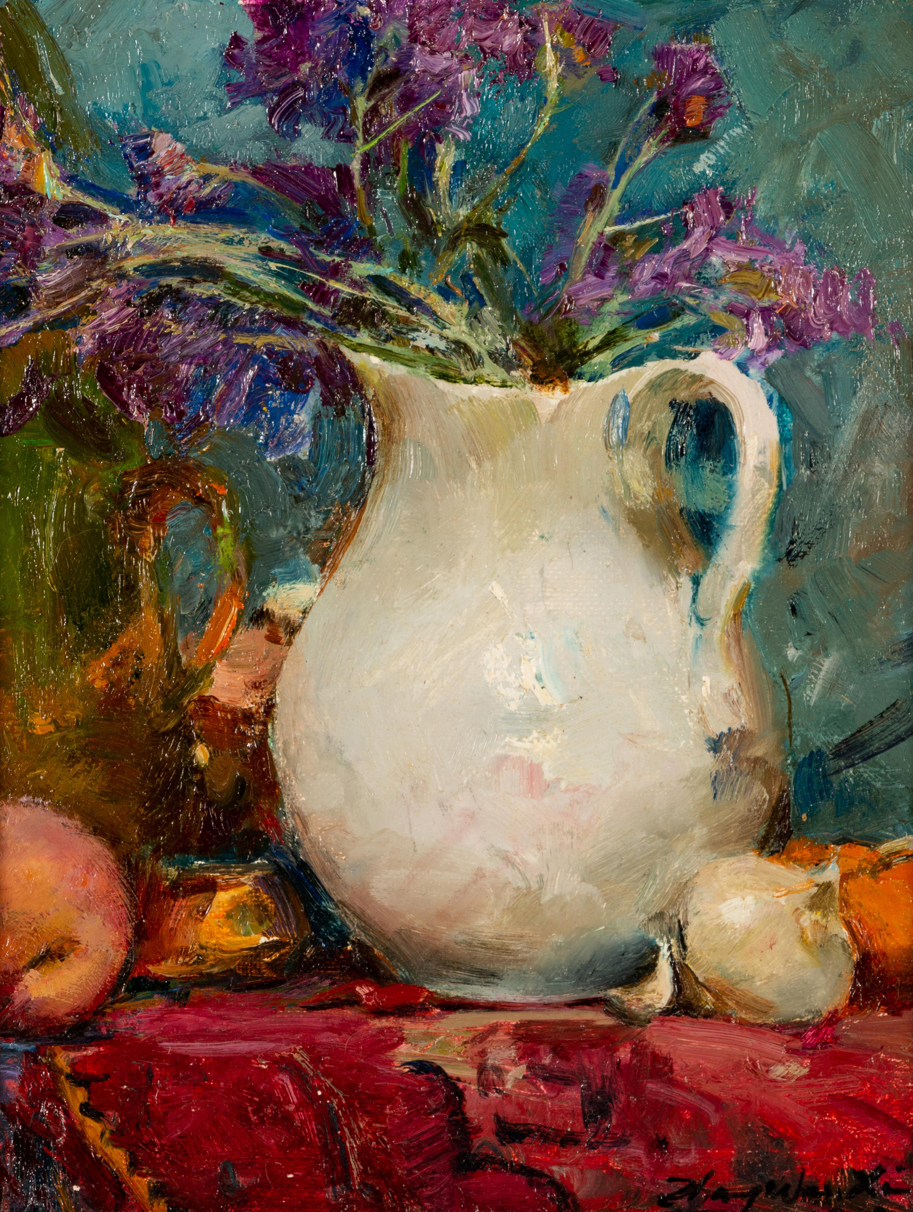 Blue Flowers and White Bottle