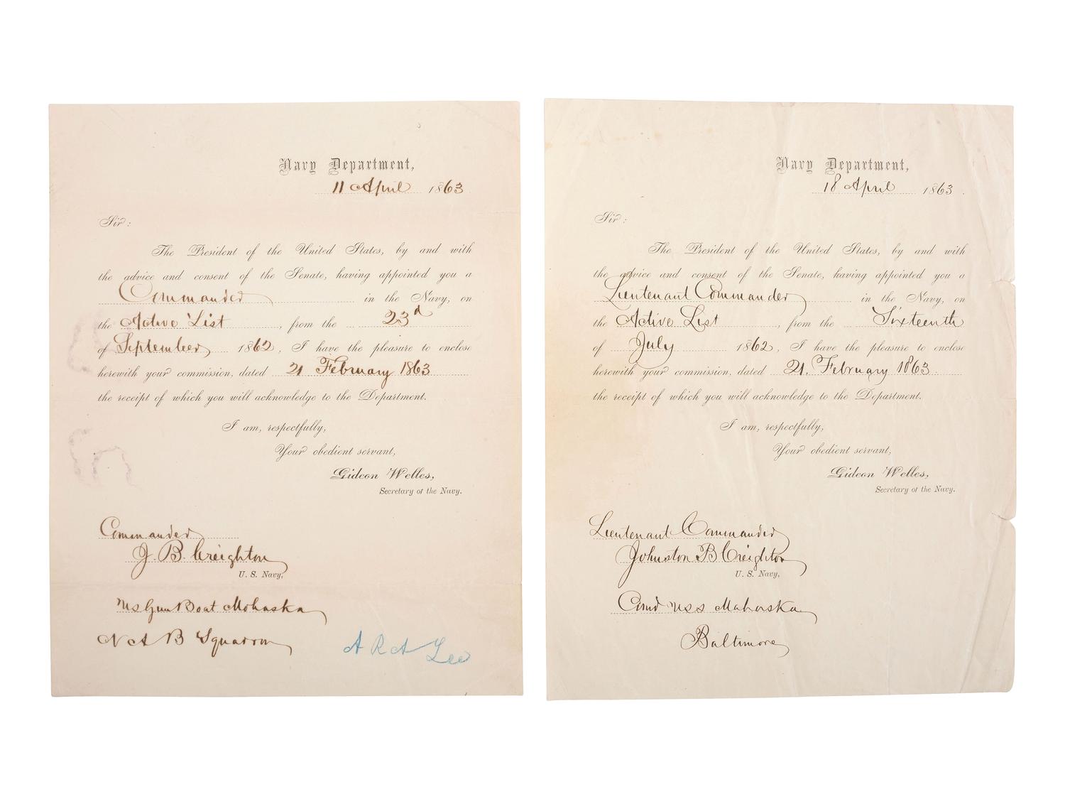 WELLES, Gideon (1802-1878). Letters and document associated with Welles, and other naval commanders.