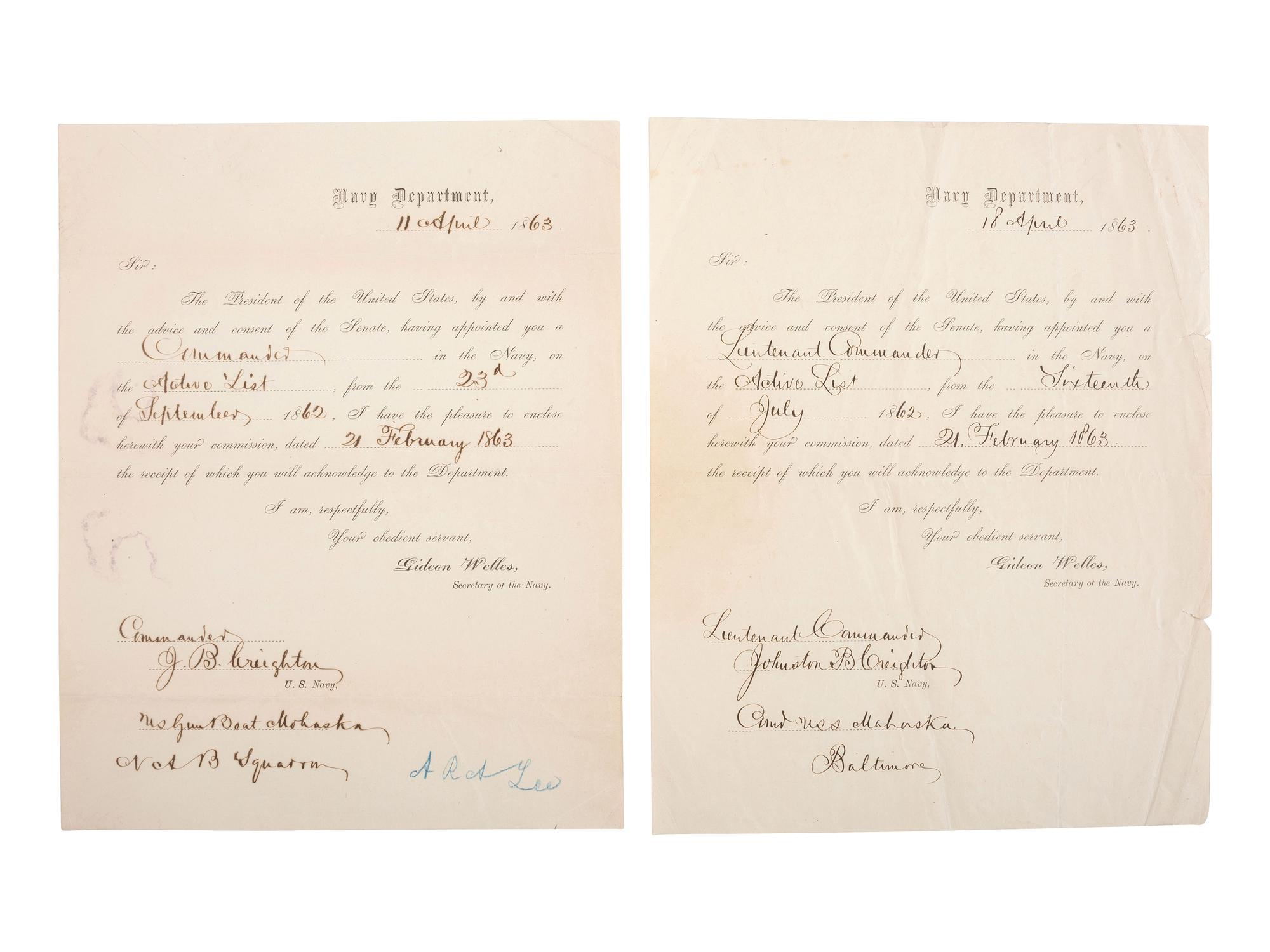WELLES, Gideon (1802-1878). Letters and document associated with Welles, and other naval commanders.