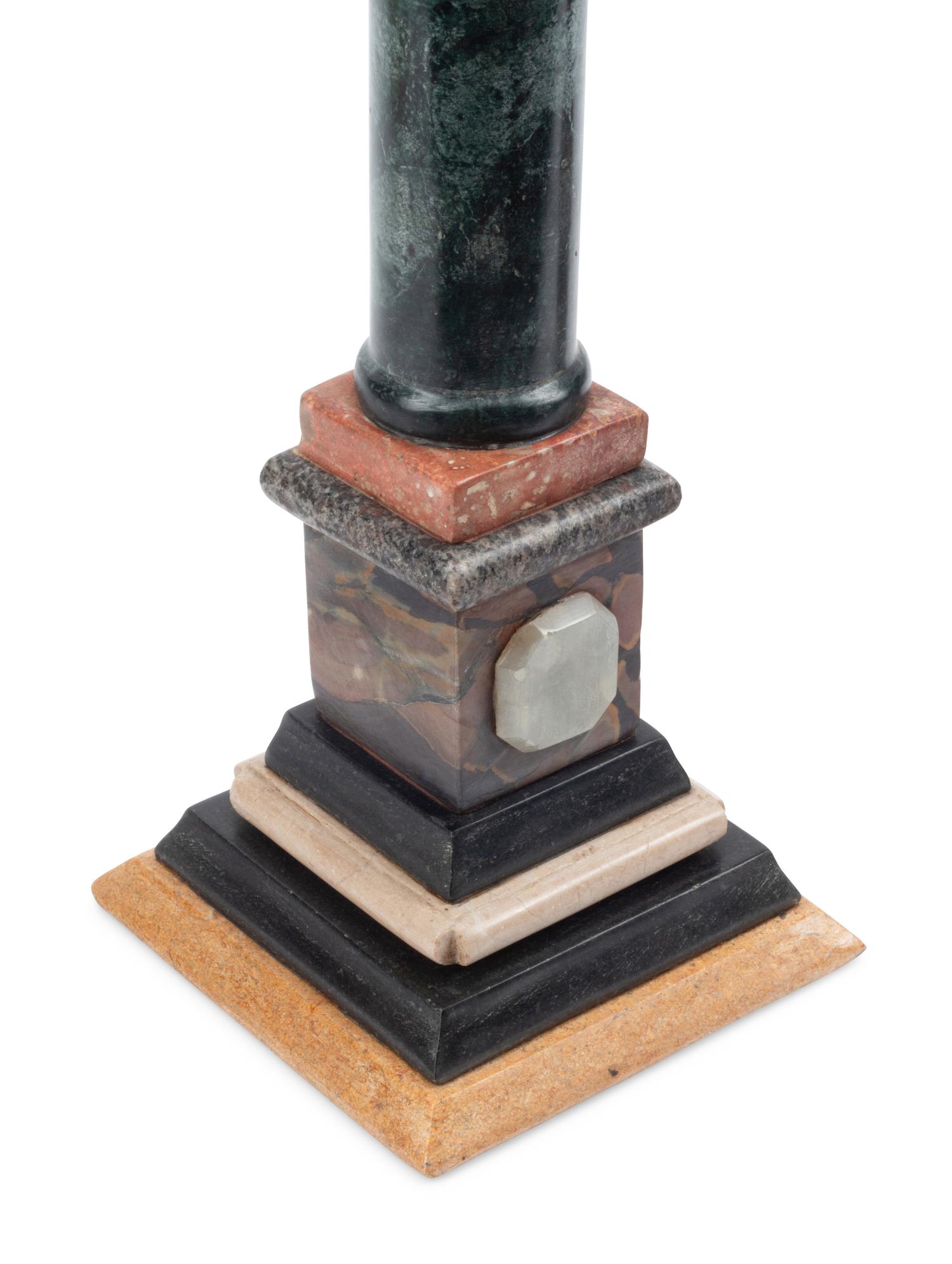 A Pair of Italian Grand Tour Style Multi-Color Marble Columns and Spherical Ornaments