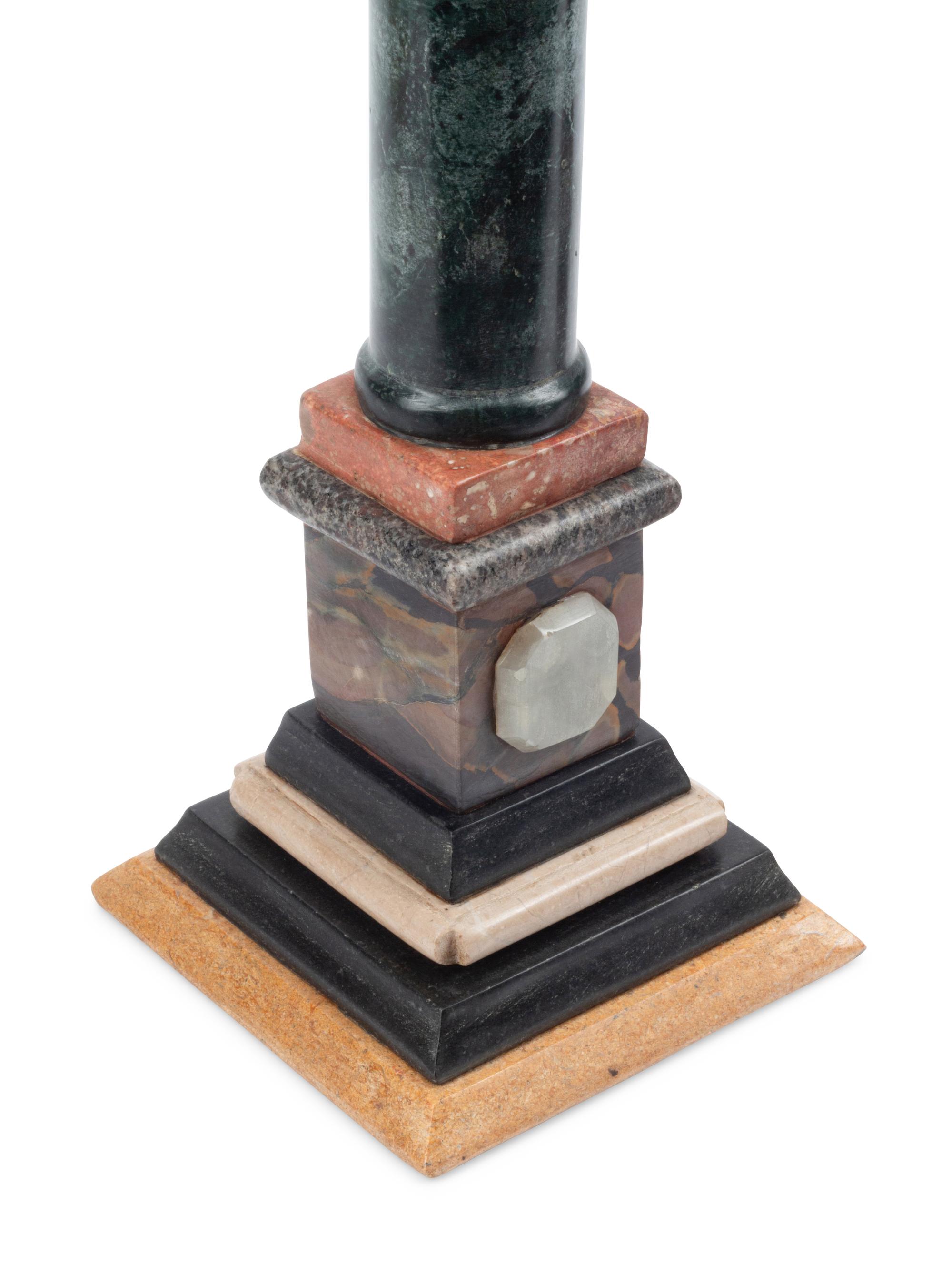 A Pair of Italian Grand Tour Style Multi-Color Marble Columns and Spherical Ornaments