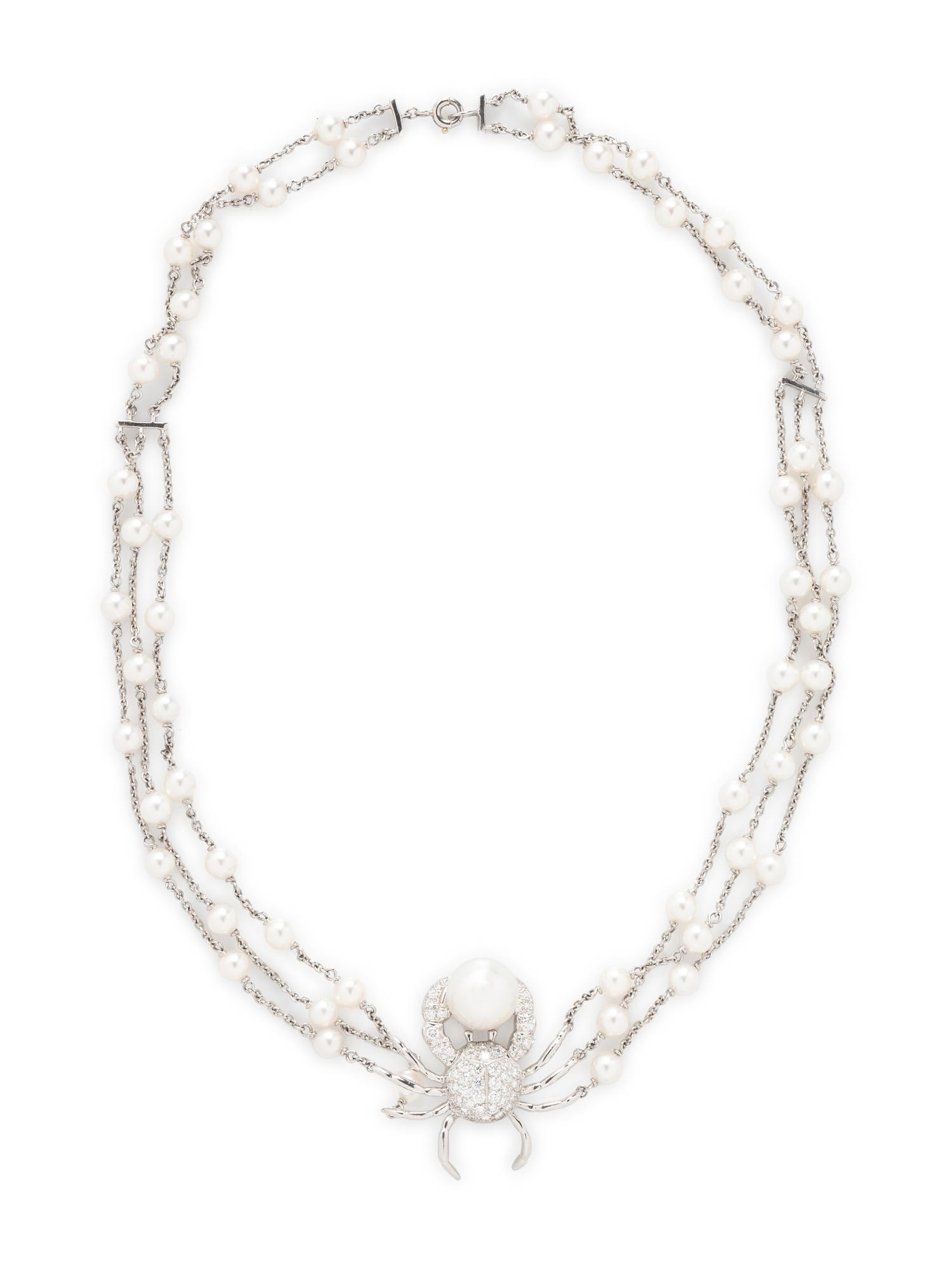 TIFFANY & CO., PLATINUM, DIAMOND, AND CULTURED PEARL CRAB NECKLACE