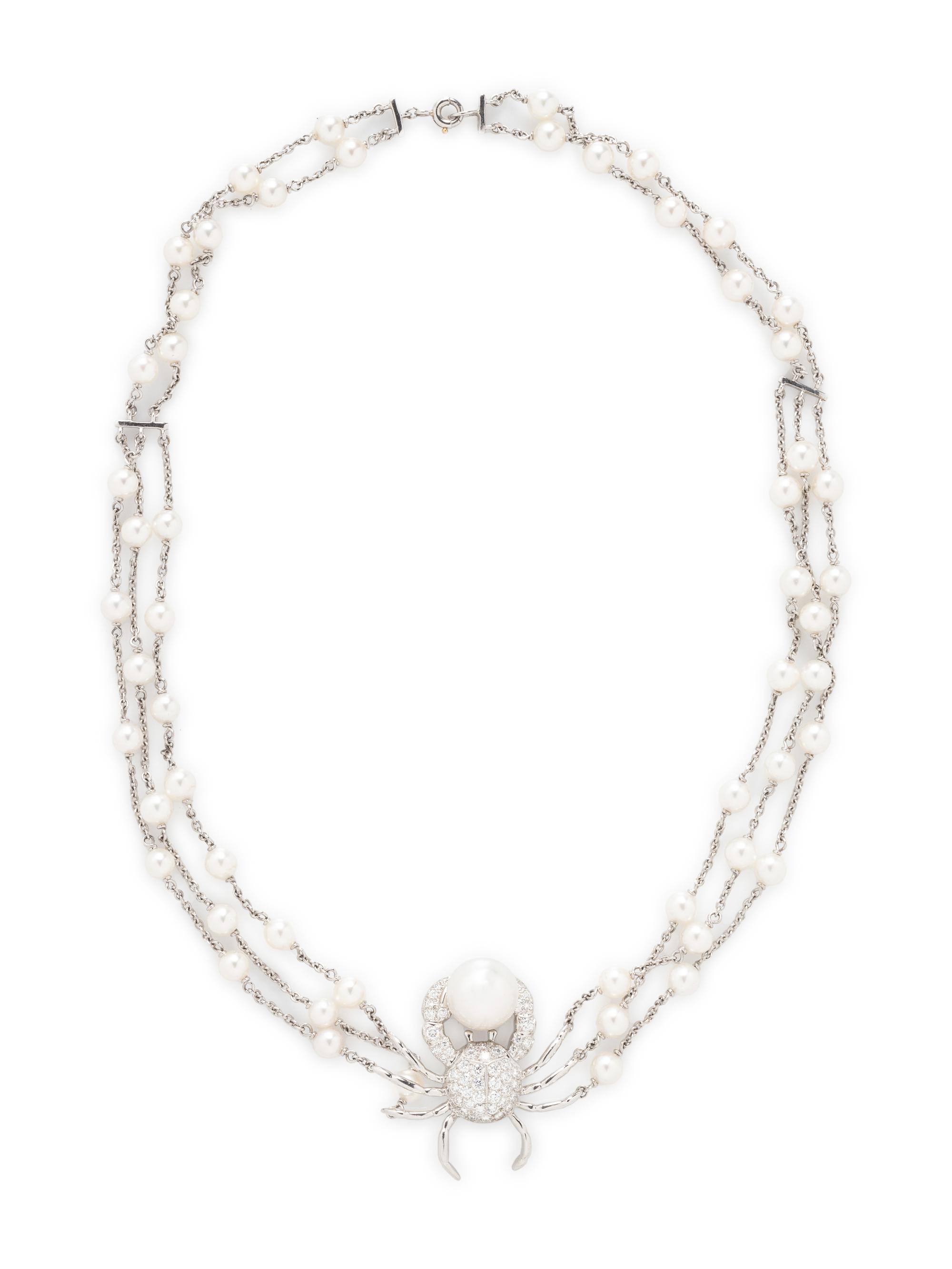 TIFFANY & CO., PLATINUM, DIAMOND, AND CULTURED PEARL CRAB NECKLACE