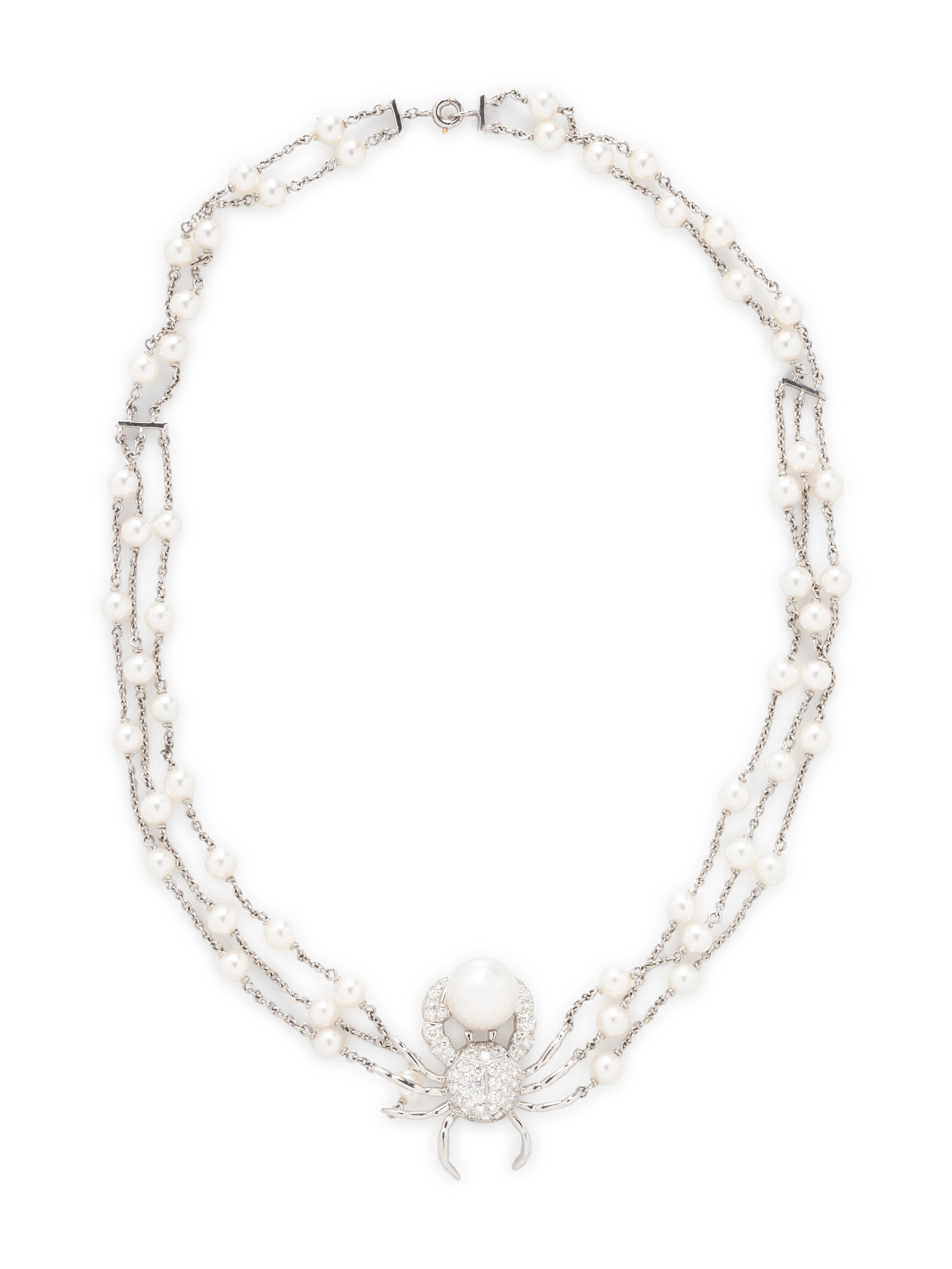 TIFFANY & CO., PLATINUM, DIAMOND, AND CULTURED PEARL CRAB NECKLACE