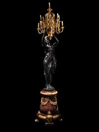 A Pair of Monumental Gilt and Patinated Bronze and Rouge Marble Figural Torchères