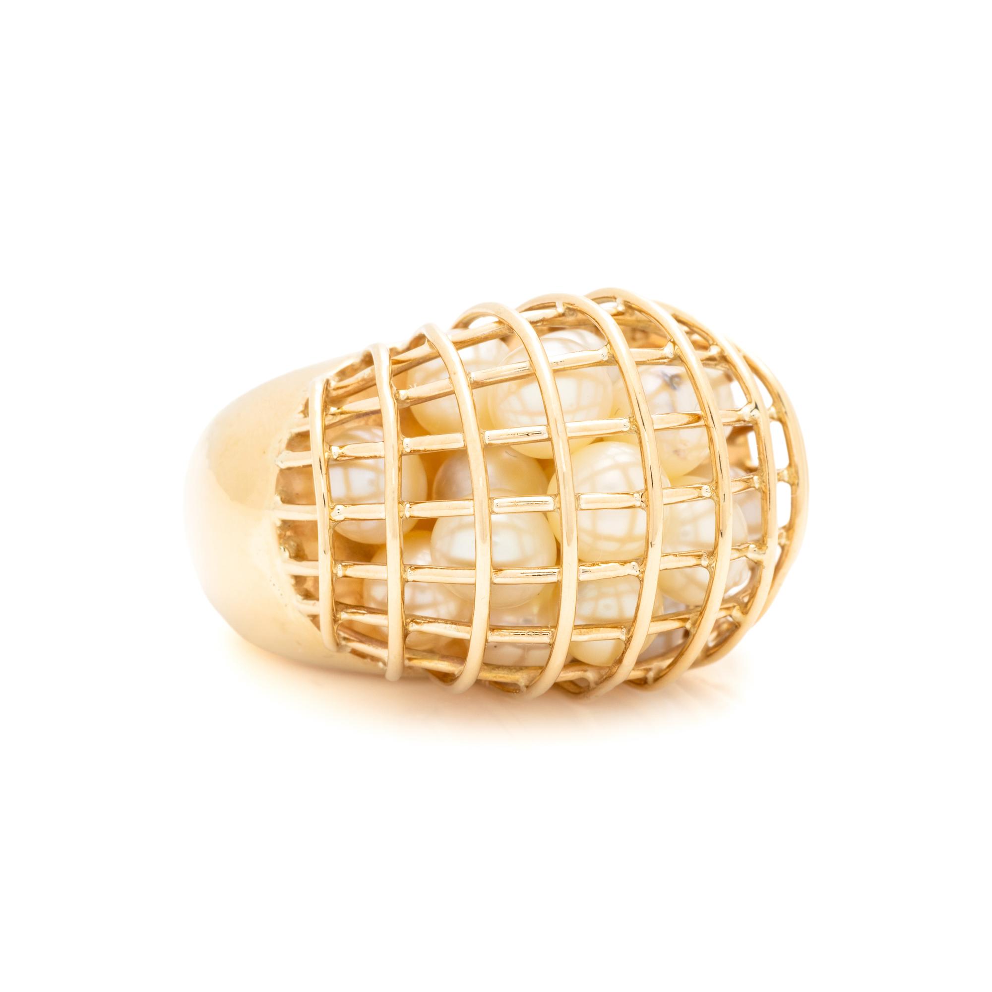 LEVITAN, YELLOW GOLD AND CULTURED PEARL CAGE RING