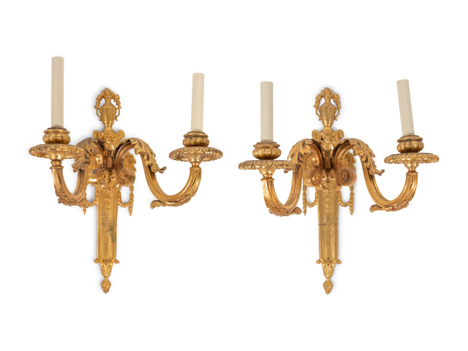 A Pair of Louis XVI Style Gilt Bronze Two-Light Sconces