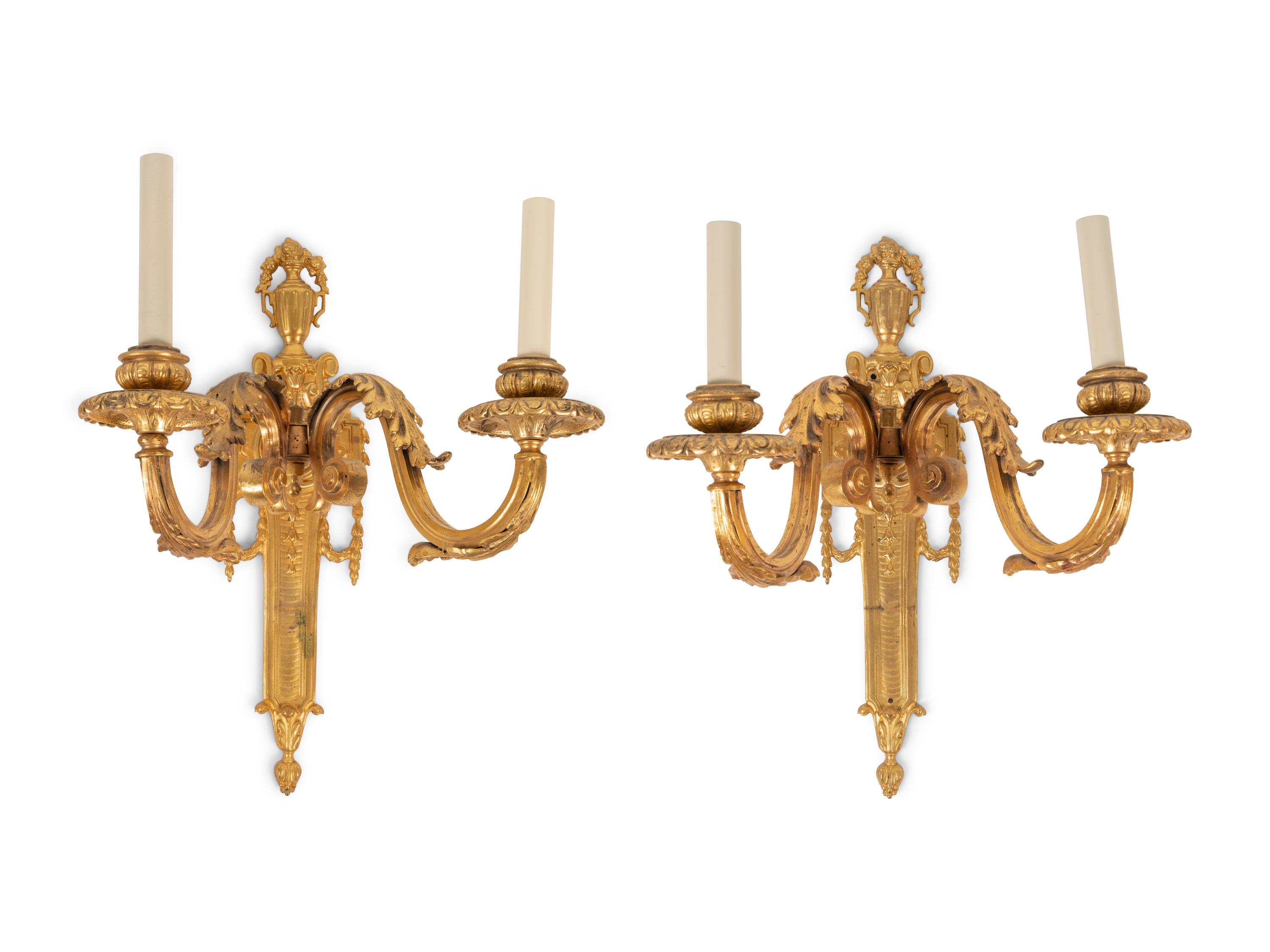 A Pair of Louis XVI Style Gilt Bronze Two-Light Sconces