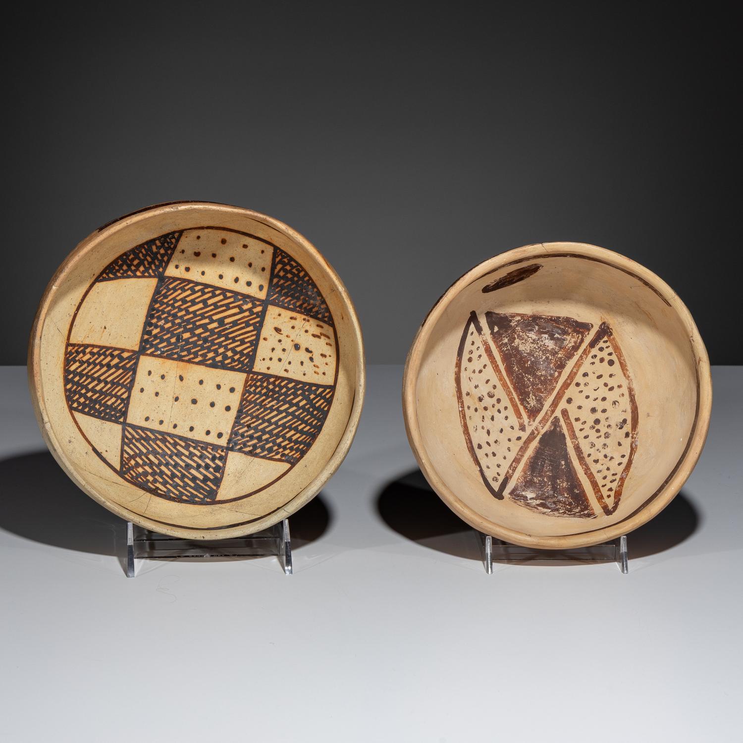 Ancestral Pueblo, Jeddito Black-on-Yellow Pottery Bowls, with Geometric Designs