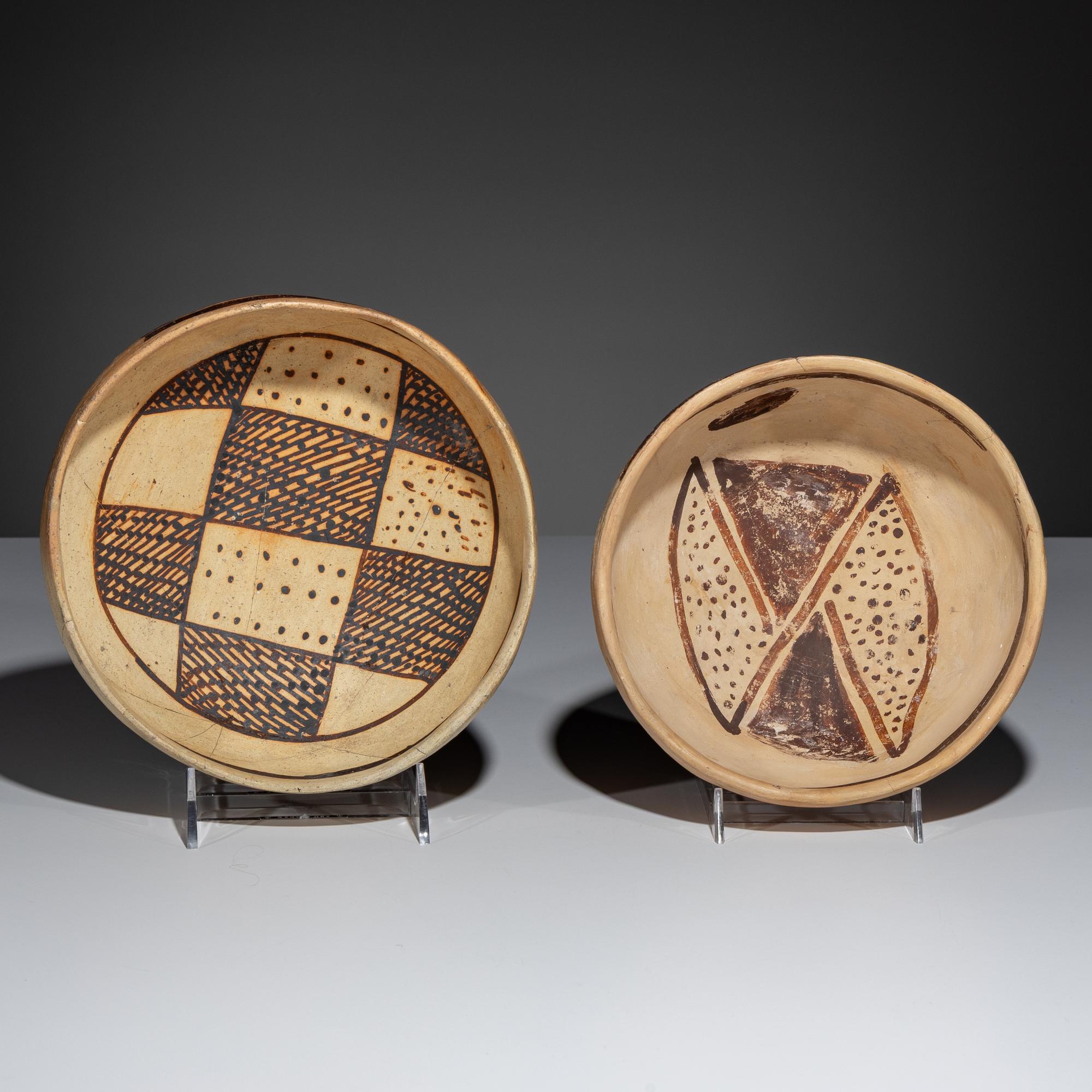 Ancestral Pueblo, Jeddito Black-on-Yellow Pottery Bowls, with Geometric Designs