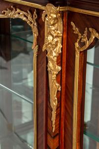 A Pair of Louis XV Style Gilt Bronze Mounted Kingwood and Rosewood Marble-Top Vitrine Cabinets
