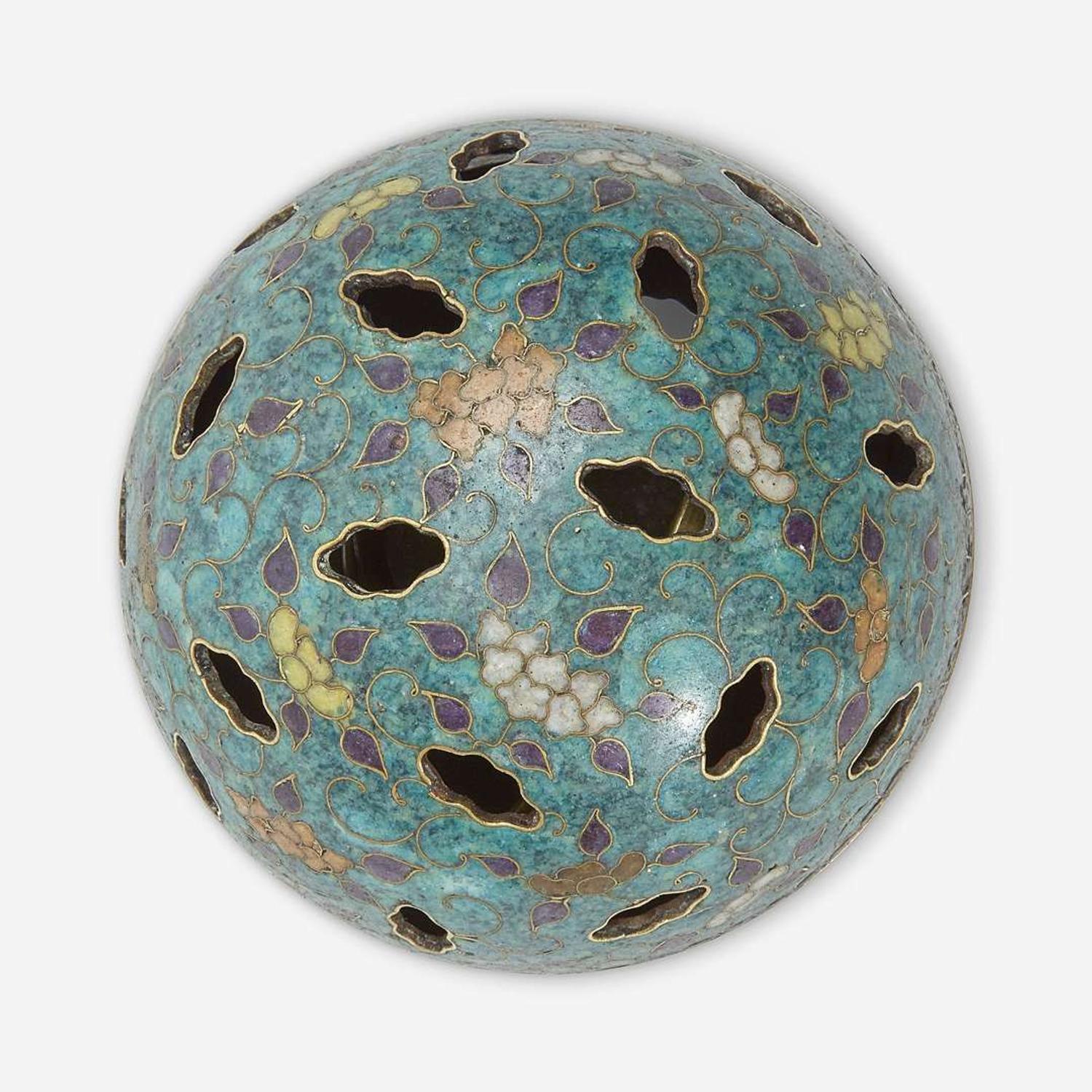 An unusual cloisonné gimbal-mechanism spherical incense burner 19th Century or earlier