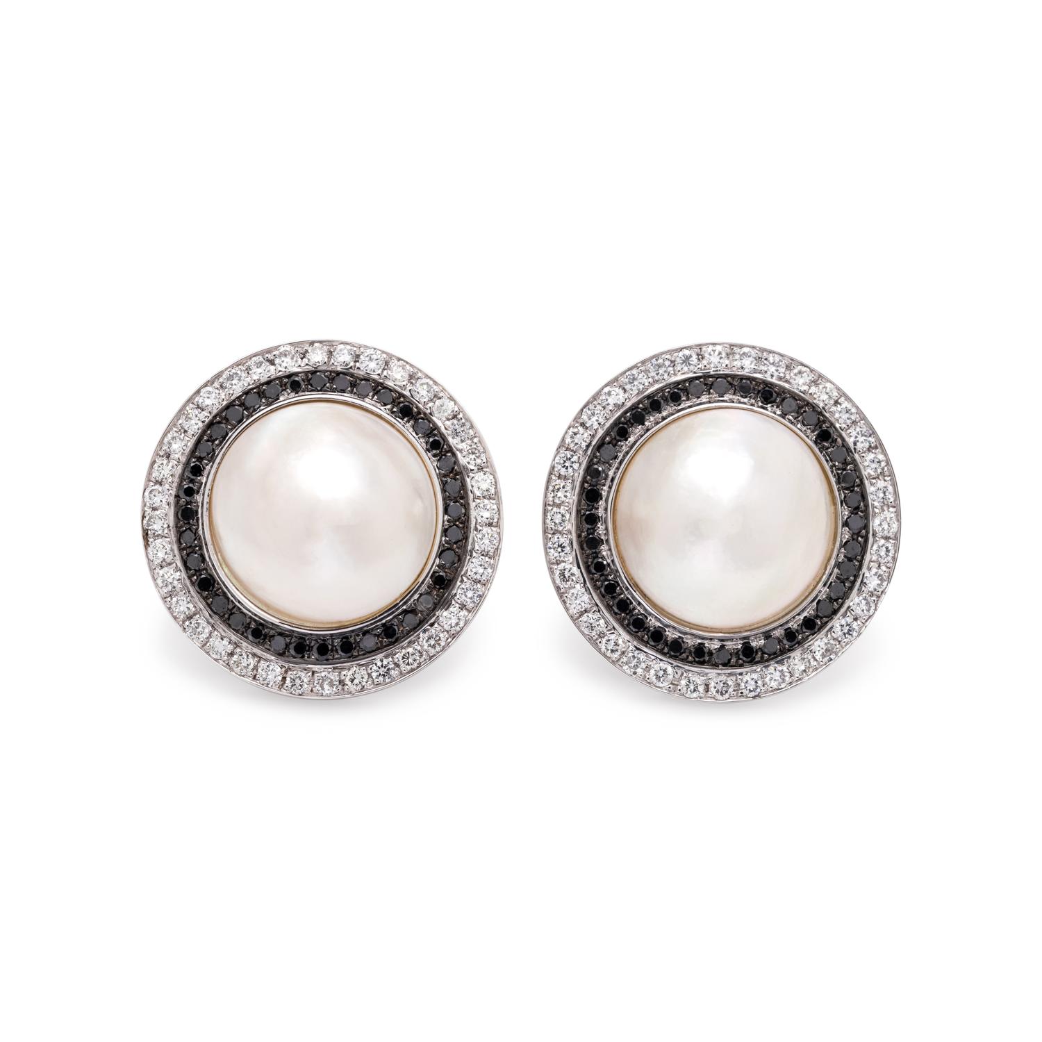 CULTURED MABE PEARL, DIAMOND AND BLACK DIAMOND CUFFLINKS