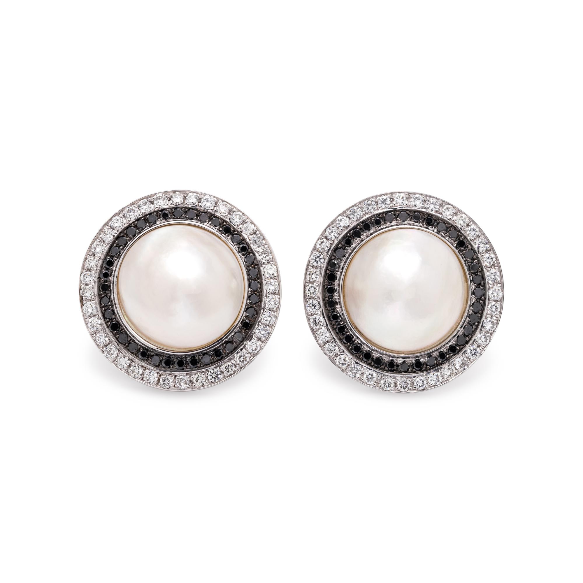 CULTURED MABE PEARL, DIAMOND AND BLACK DIAMOND CUFFLINKS